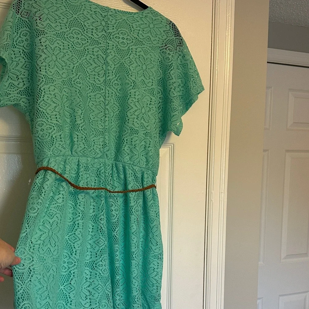 Bailey Blue Mint Lace Boho Romper with Faux Leather Belt - Picture 8 of 11